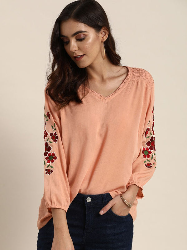 all about you Coral Pink Regular Top With Embroidery