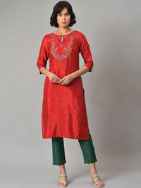W Red Keyhole Neck Floral Yoke Design Thread Work Kurta