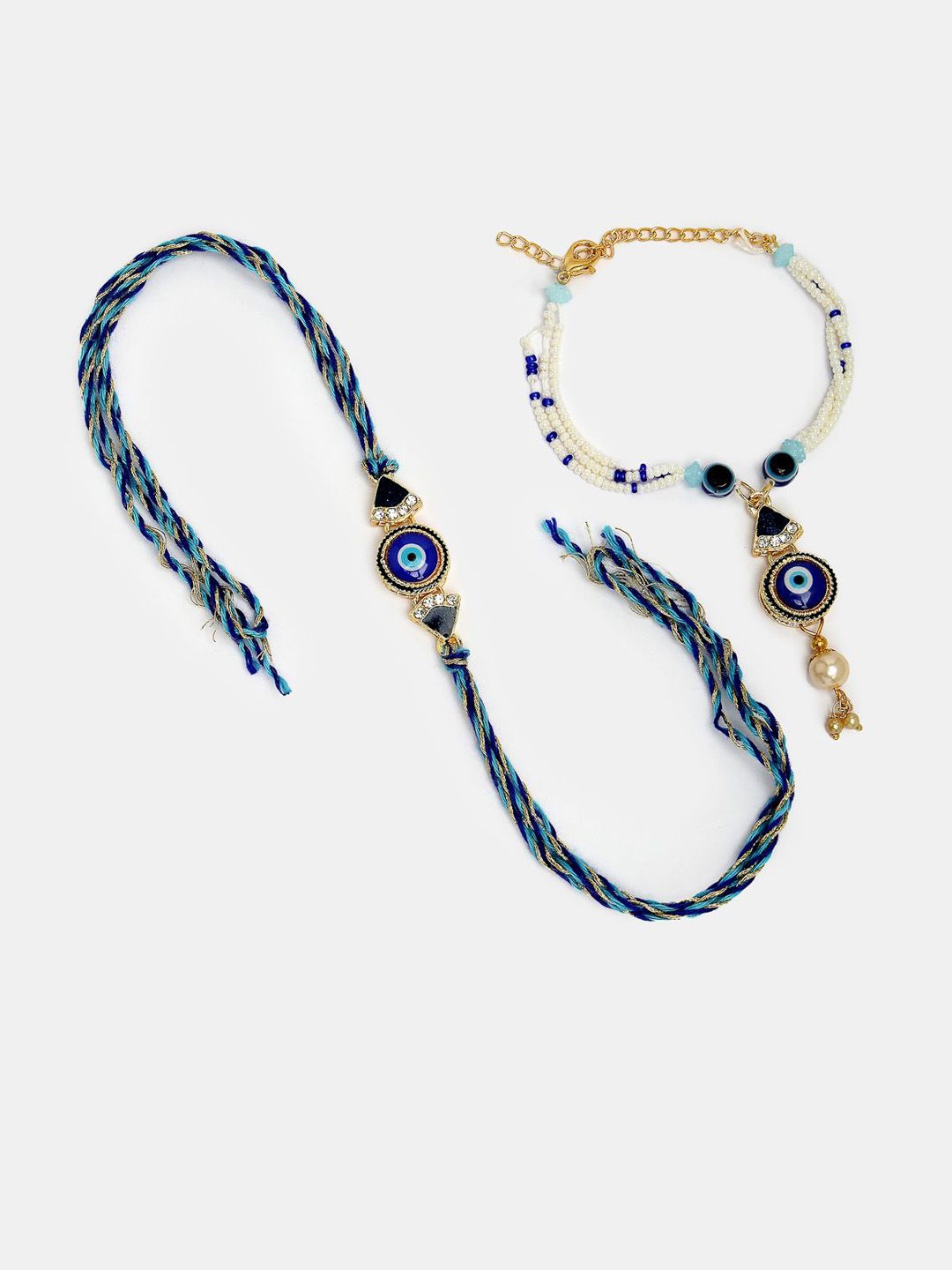 NVR Set of 2 Evil Eye Stone-Studded & Beaded Bhaiya Bhabhi Rakhi with Roli Chawal