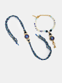 Set NVR 2 Bhaiya Bhabhi Rakhi Bertatah Batu Mata Jahat &amp; Manik dengan Roli Chawal