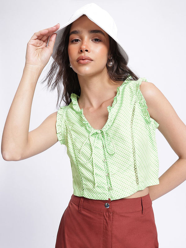DressBerry Summer Checks Ruffled Tie-Up Button-Up Crop Top