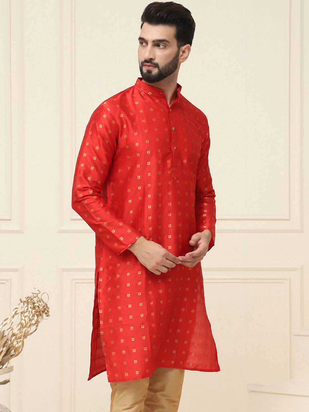SOJANYA Men Maroon Woven Design Straight Kurta