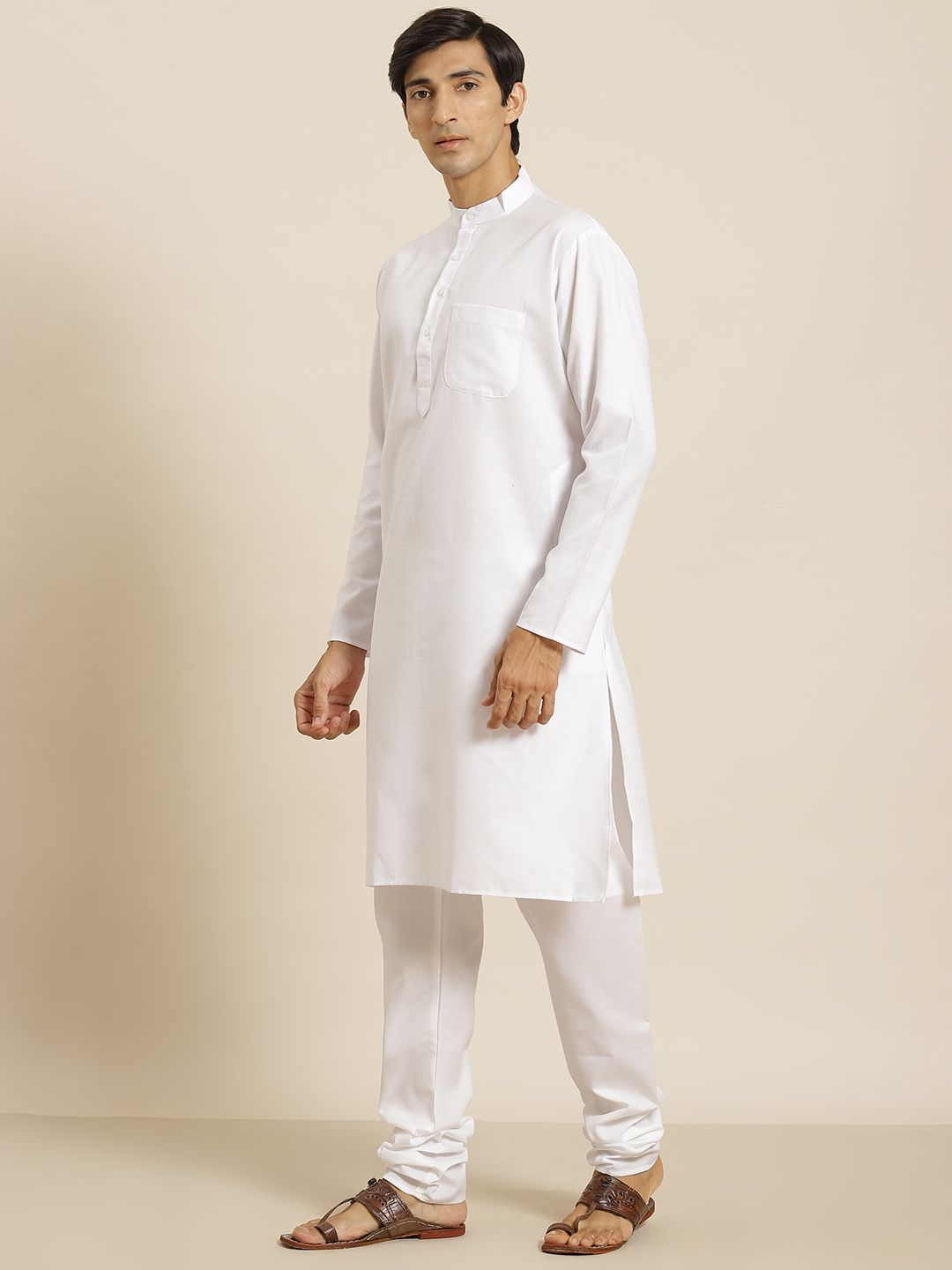 SOJANYA Men White Cotton Linen Solid Straight Kurta