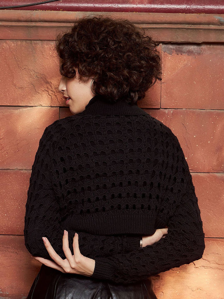 SASSAFRAS Black Open Knit Self Design Crop Acrylic Crochet Pullover Sweater