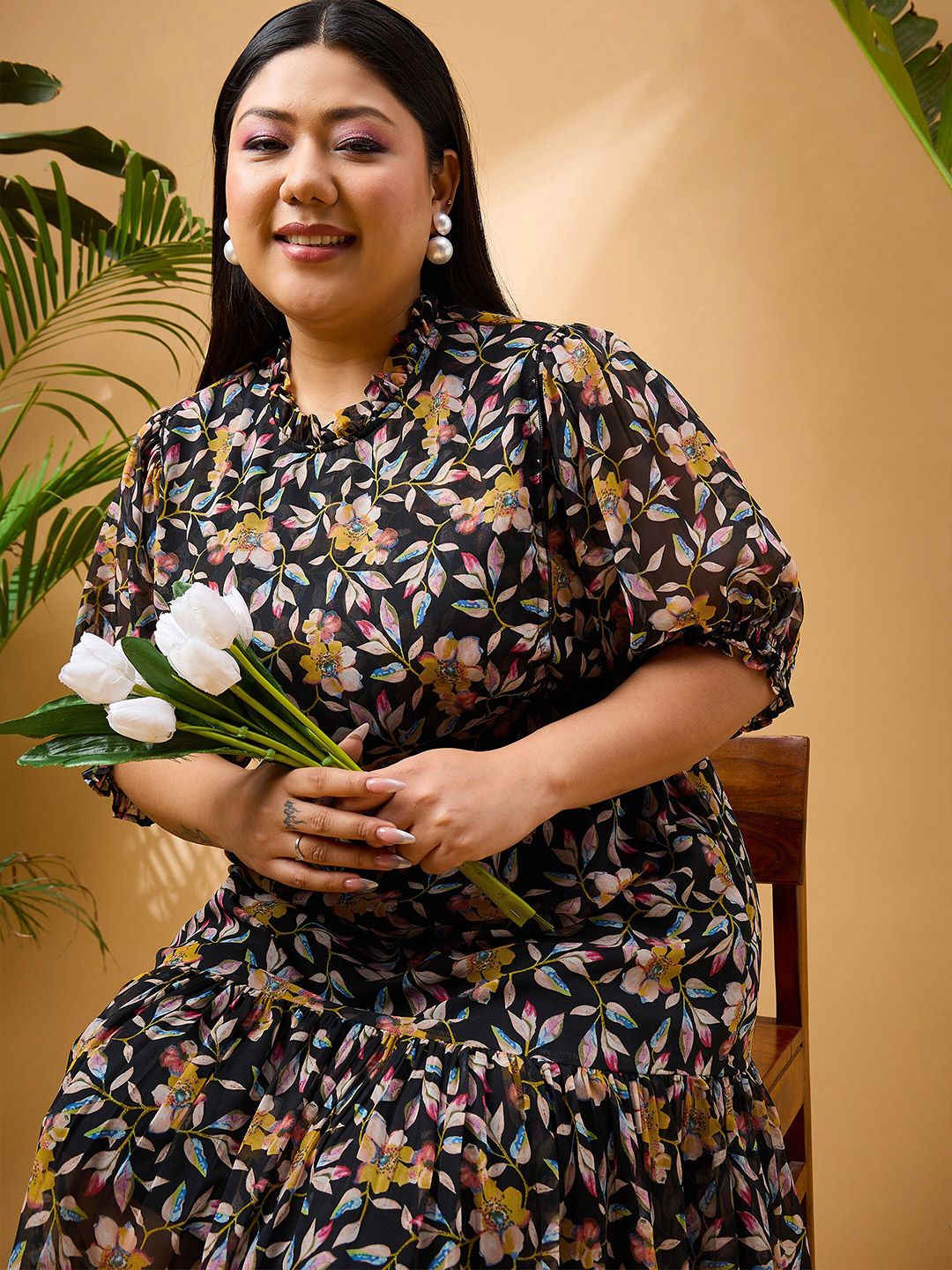 SASSAFRAS Curve Plus Size Floral Printed Tiered Georgette Fit and Flare Midi Dress