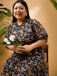 SASSAFRAS Curve Plus Size Floral Printed Tiered Georgette Fit and Flare Midi Dress