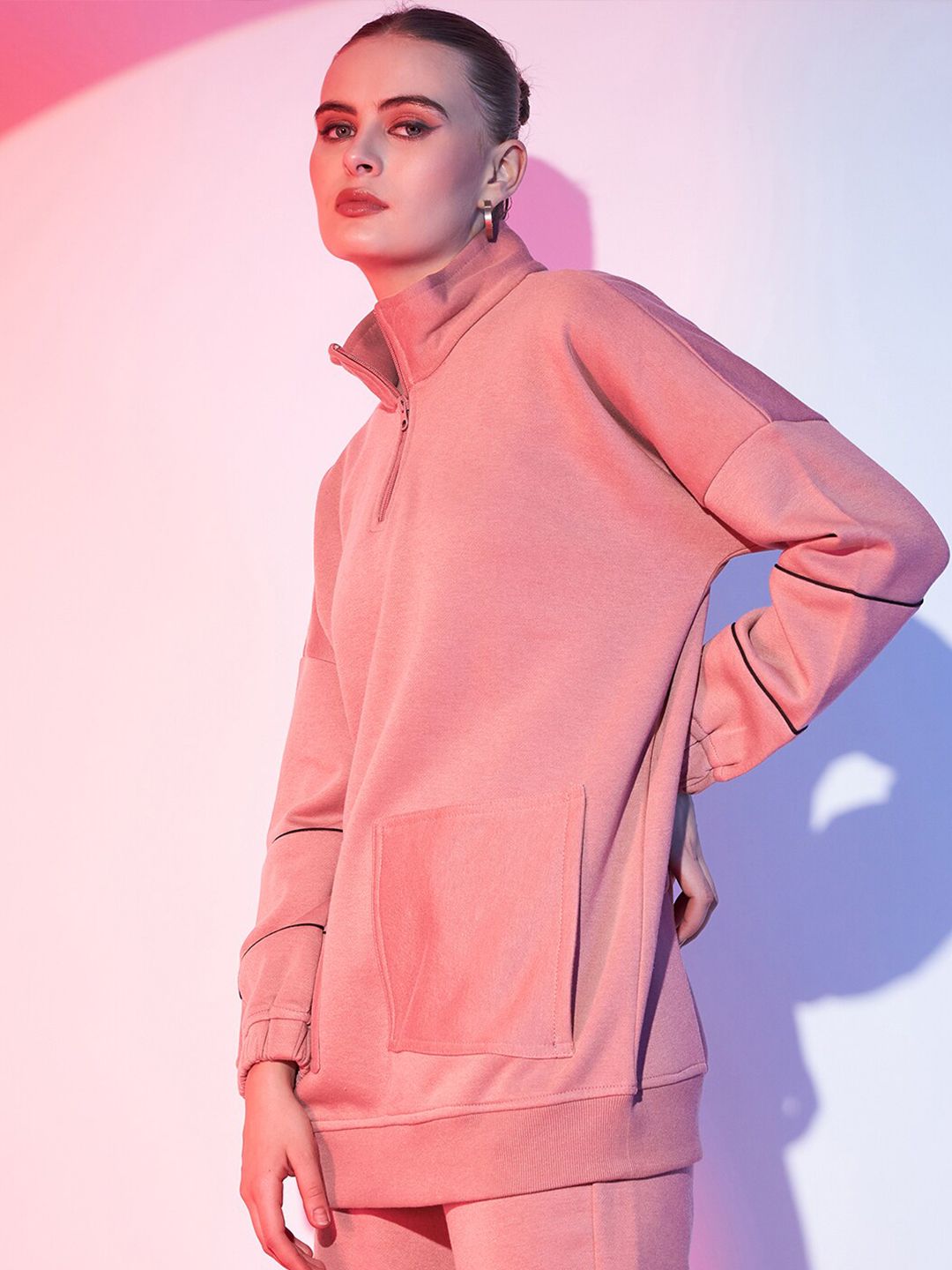 STREET 9 High Neck Half Zipper Fleece Pullover Sweatshirt