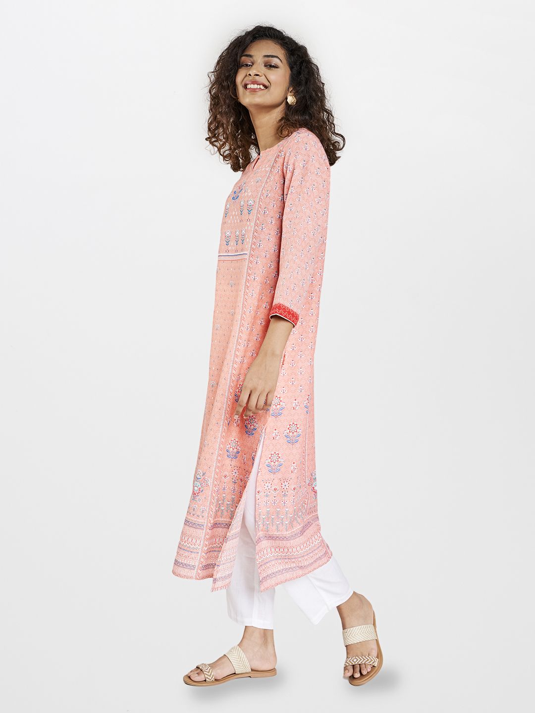 Global Desi Women Peach-Coloured & Blue Ethnic Motifs Printed Keyhole Neck Kurta
