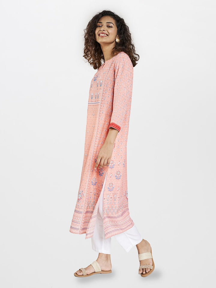 Global Desi Women Peach-Coloured & Blue Ethnic Motifs Printed Keyhole Neck Kurta