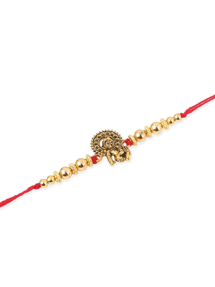 Set Uniseks NVR 3 Rakhi Benang Ganesh Ji Berton Emas dengan Roli Chawal Chandan Mishri