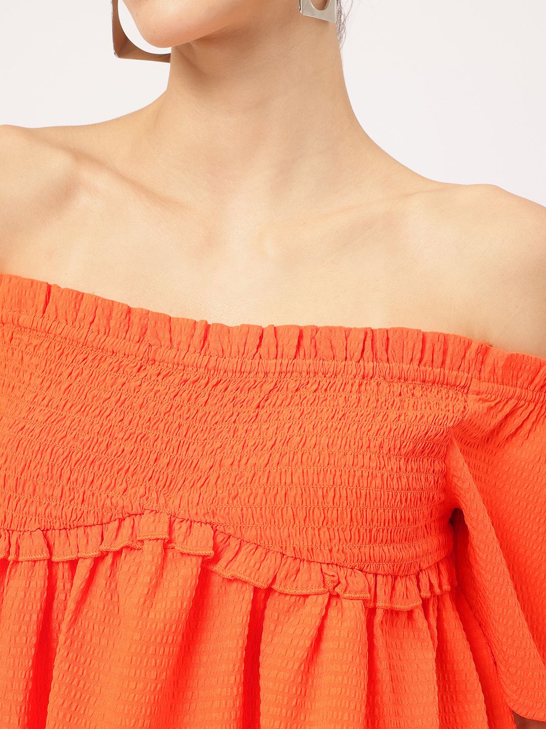 DressBerry Seersucker Chic Ruffled Smocked Bardot Top