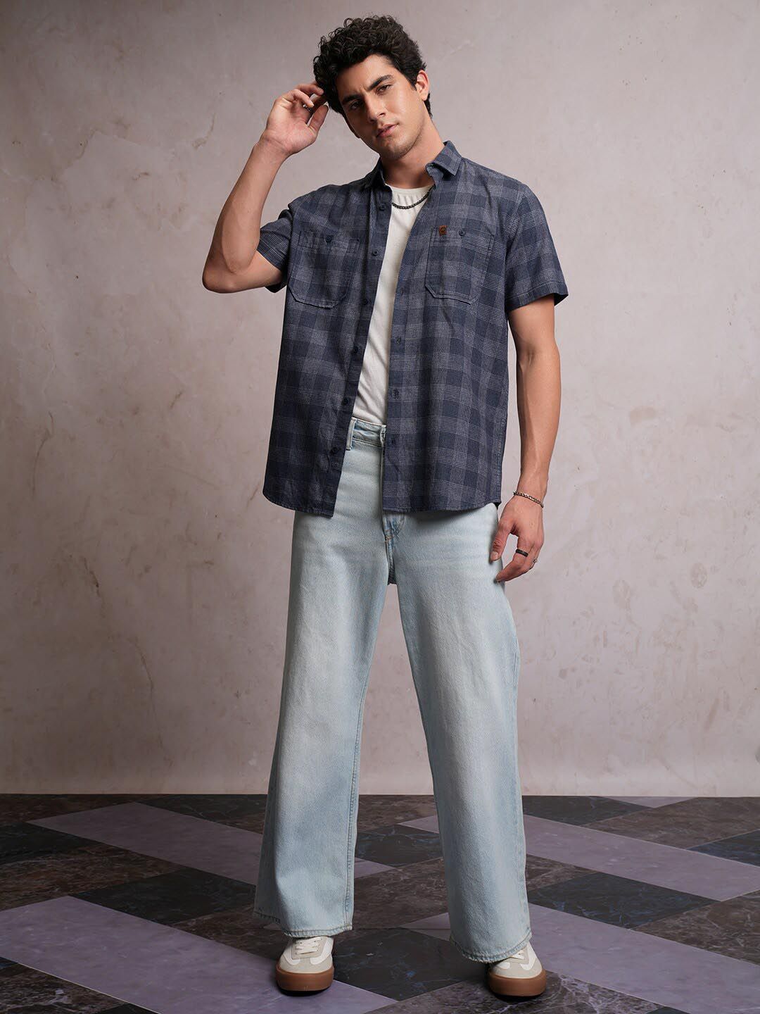 Locomotive Men Blue Linen Blend Checked Utility Pocket Regular Shirt