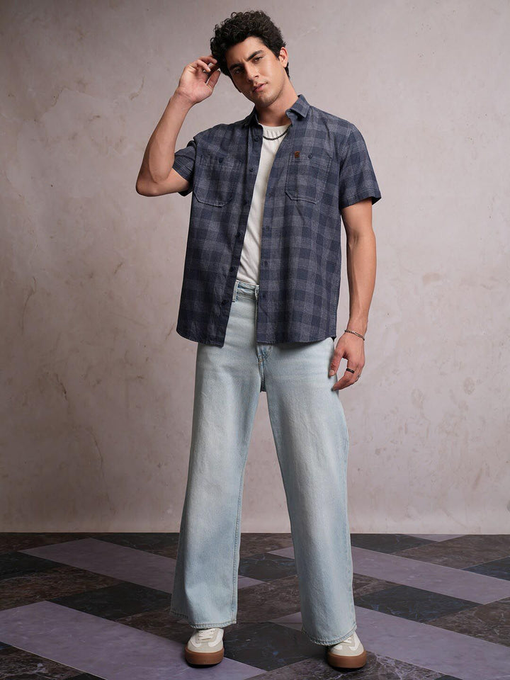 Locomotive Men Blue Linen Blend Checked Utility Pocket Regular Shirt