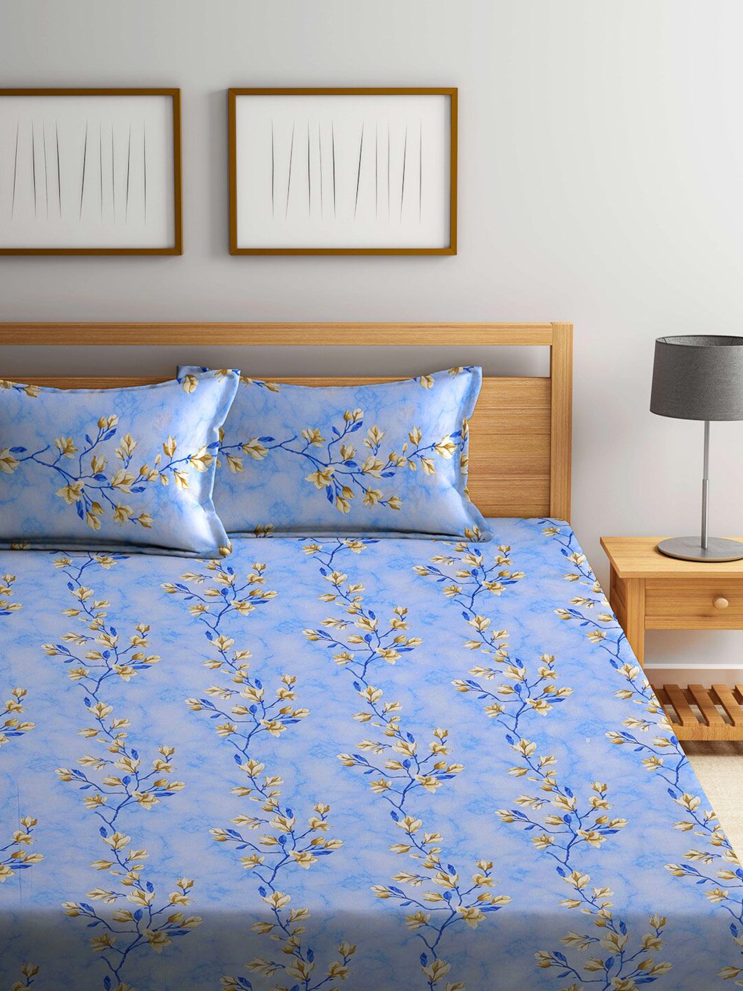 KLOTTHE Blue Floral Printed Dilengkapi 400 TC Kapas Tulen Cadar King & 2 Sarung Bantal