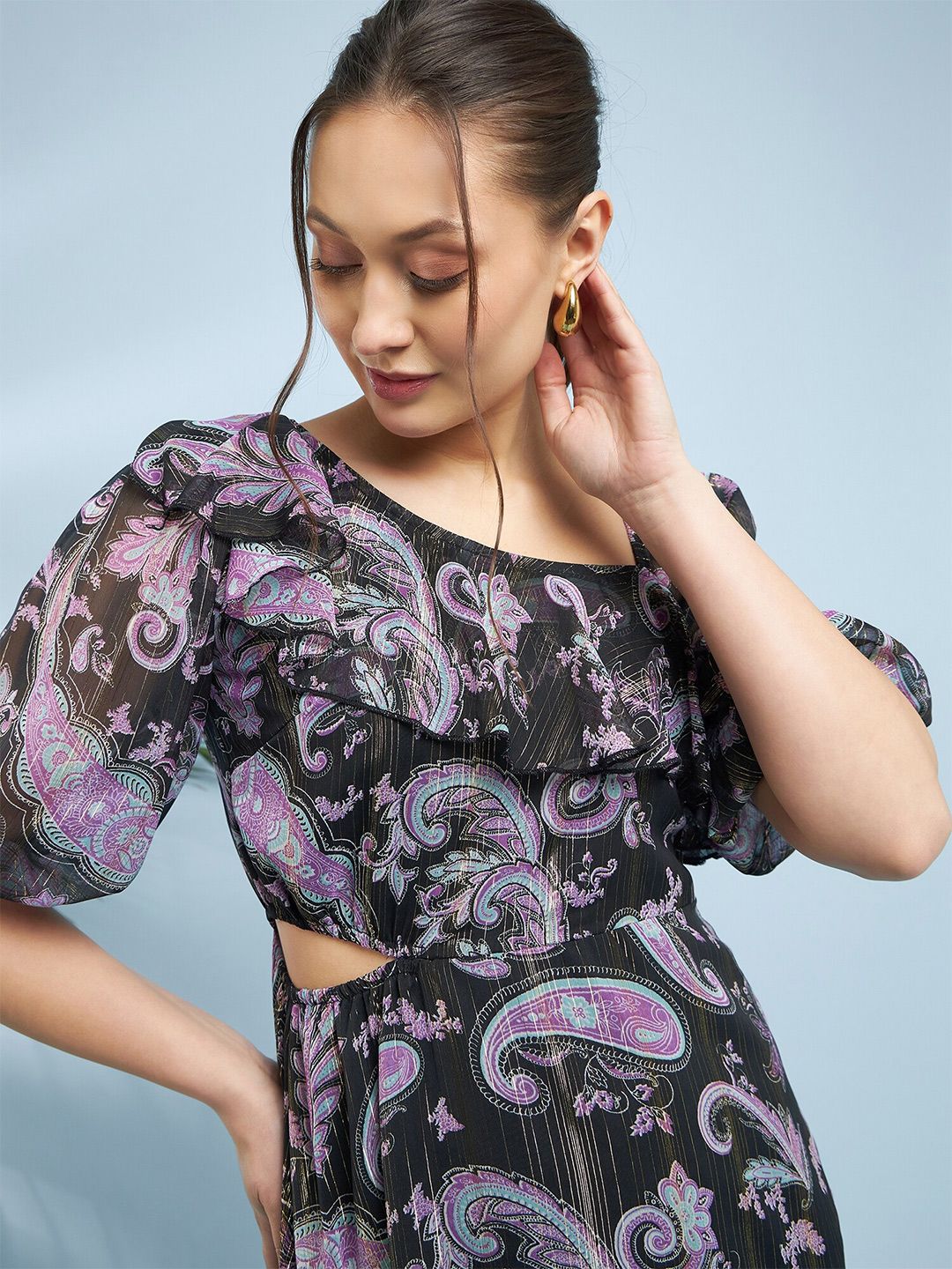 Antheaa Floral Printed Flared Sleeve Fit & Flare Dress