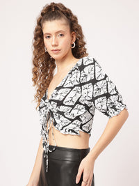 DressBerry Effortless Chic Monochrome Abstract Print Ruched Tie-Up Crop Top