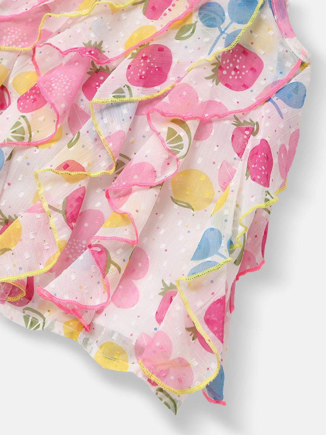 Nauti Nati Girls White & Pink Printed A-Line Dress with Ruffle Detail