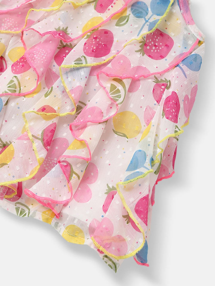 Nauti Nati Girls White & Pink Printed A-Line Dress with Ruffle Detail