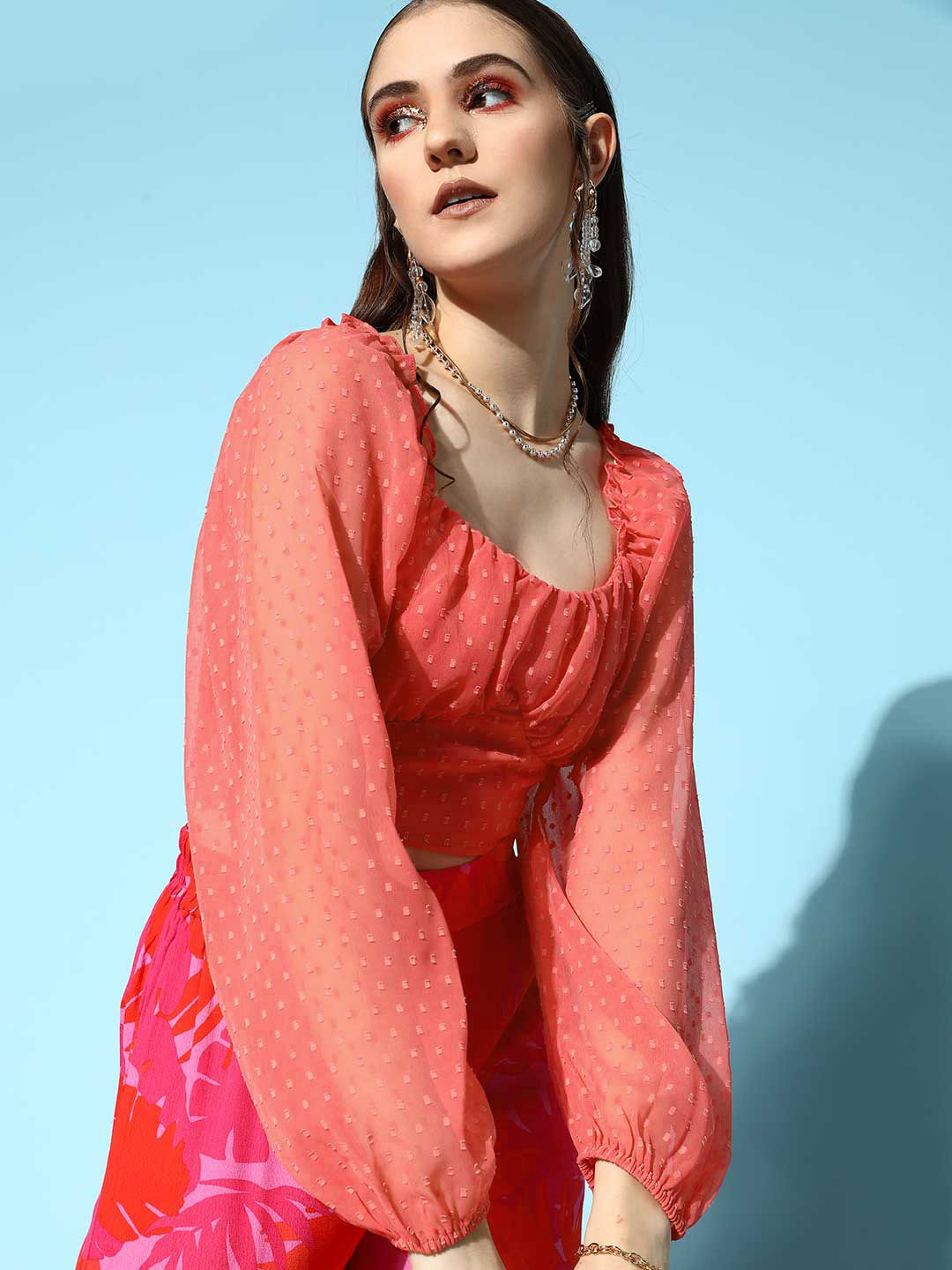 Berrylush Pink Georgette Sweetheart Neck Smocked Blouson Crop Top