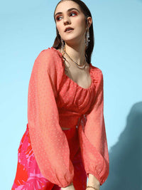 Berrylush Pink Georgette Sweetheart Neck Smocked Blouson Crop Top