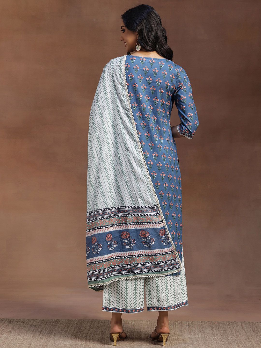 Libas Women Blue Pure Cotton Floral Print Gotta Patti Kurta with Palazzos & Dupatta