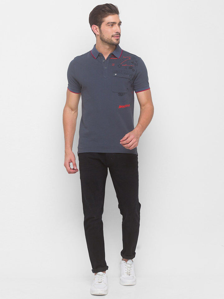 Being Human Men Grey & Red Typography Printed Polo Collar Pure Cotton T-shirt