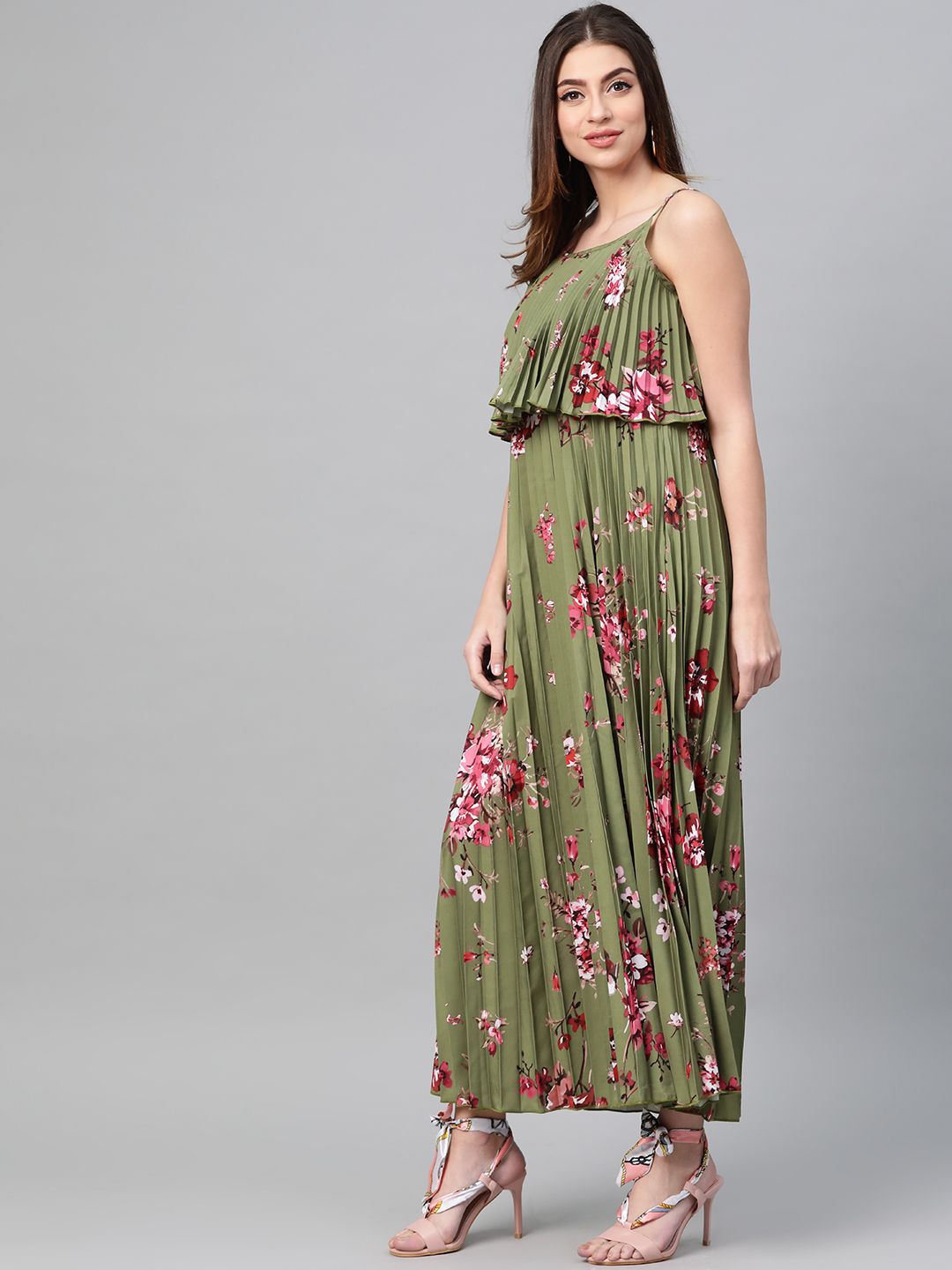 SASSAFRAS Olive Green & Pink Accordion Pleat Printed Maxi Dress