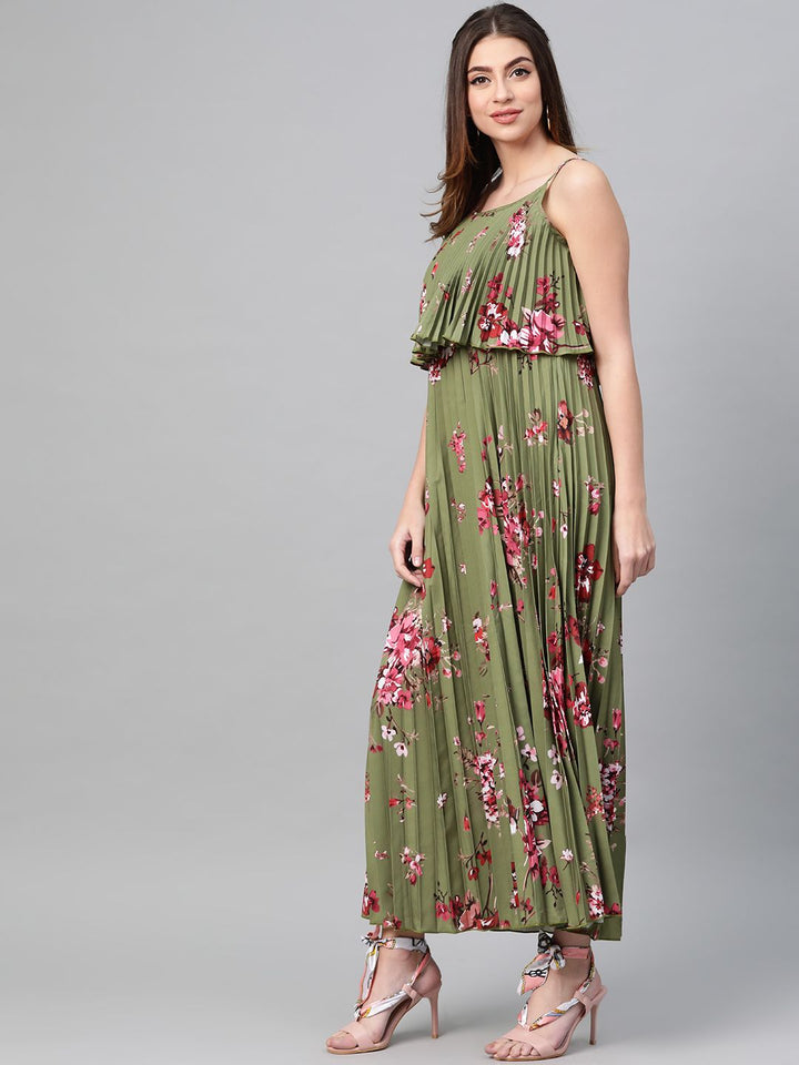 SASSAFRAS Olive Green & Pink Accordion Pleat Printed Maxi Dress