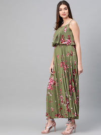 SASSAFRAS Olive Green & Pink Accordion Pleat Printed Maxi Dress