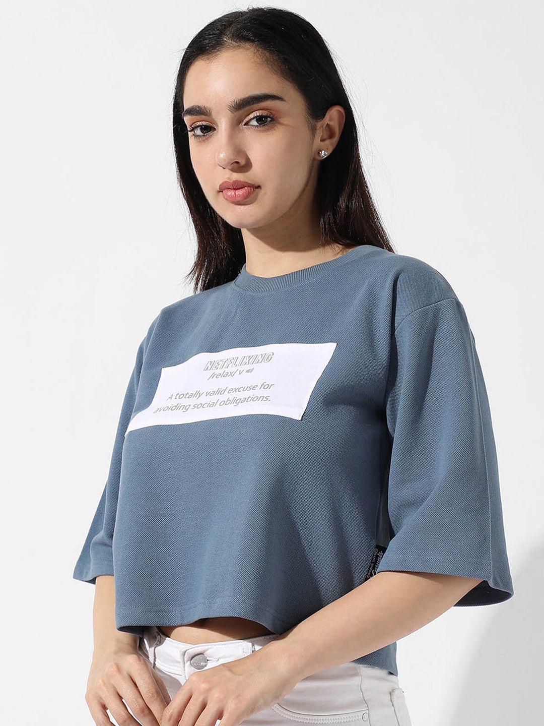 Campus Sutra Blue Typography Print Cotton Crop T-shirt