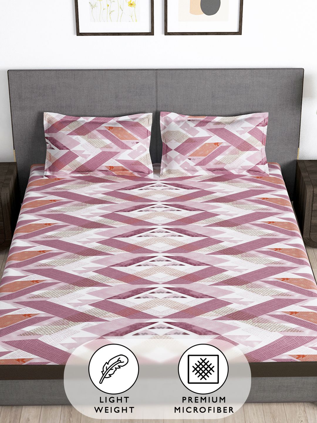 Story@home Pink 180 TC Abstract Queen Fitted Bedsheet With 2 Pillow Covers