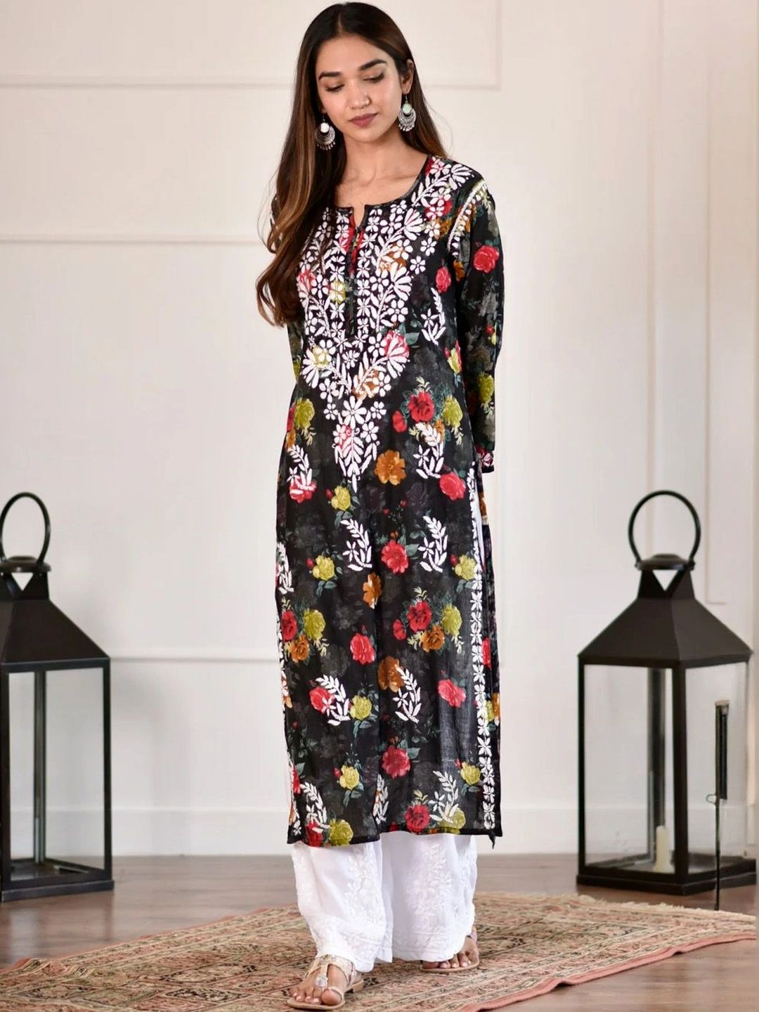 Rumah Wanita Chikankari Sulam Bunga Chikankari Kurta Bunga