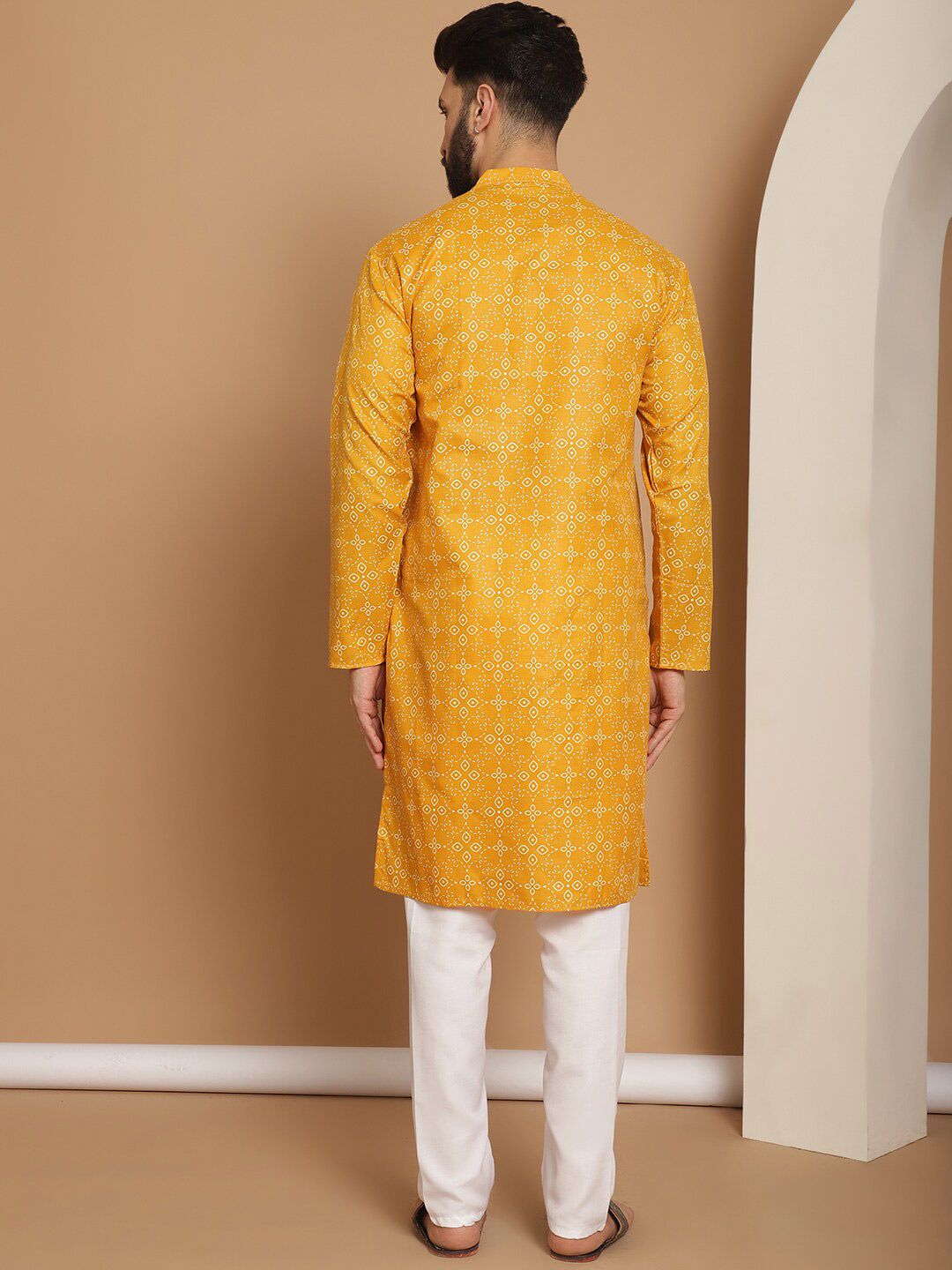 Anouk Mustard Yellow Floral Printed Mandarin Collar Straight Kurta With Churidar