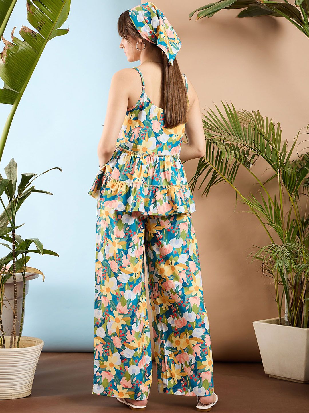 SASSAFRAS Floral Printed V Neck Top & Flared Trousers