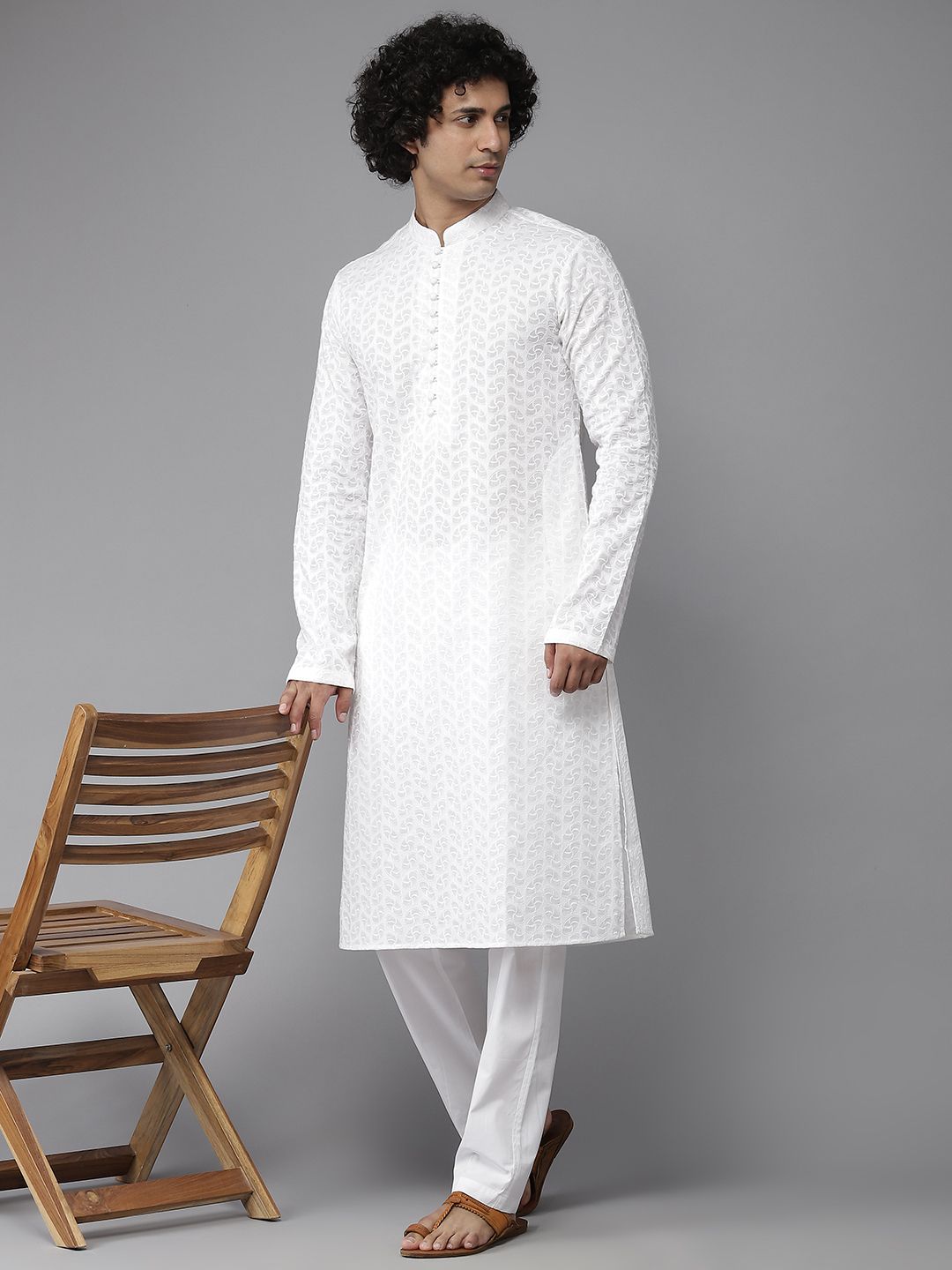 See Designs Men White Embroidered Chikankari Pure Cotton Kurta with Pyjamas