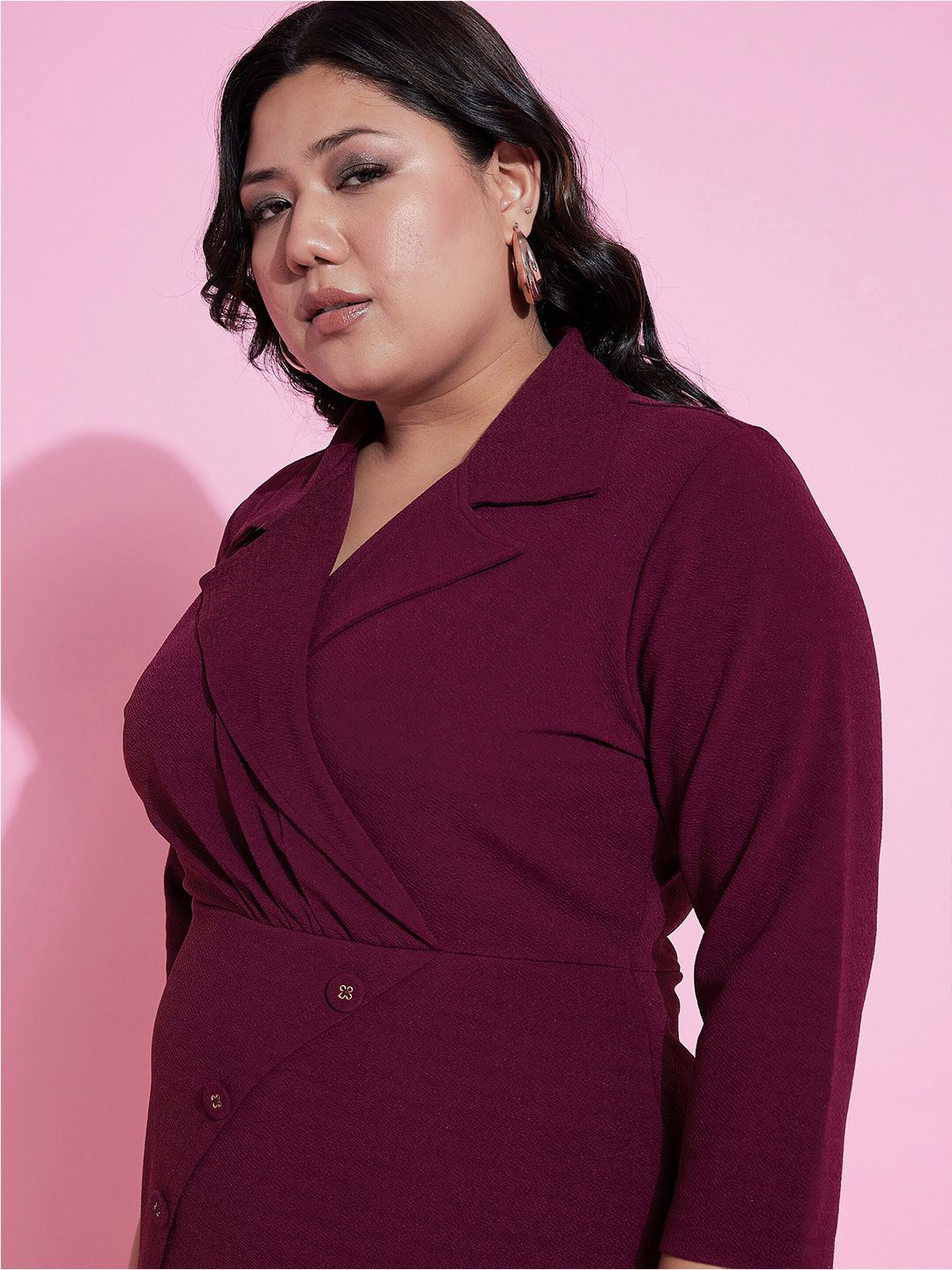SASSAFRAS Curve Plus Size Shirt Collar Wrap Midi Dress