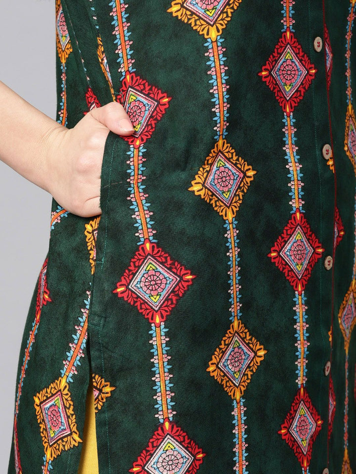 SOJANYA Women Green & Orange Printed Straight Kurta