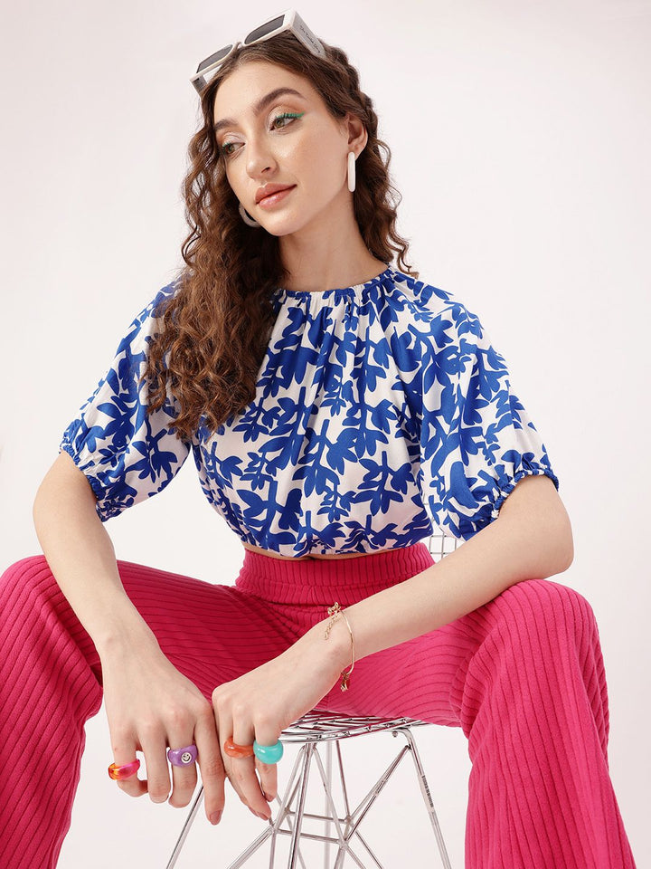 DressBerry Cute Vibe Printed Tie-Up Gathers Blouson Crop Top