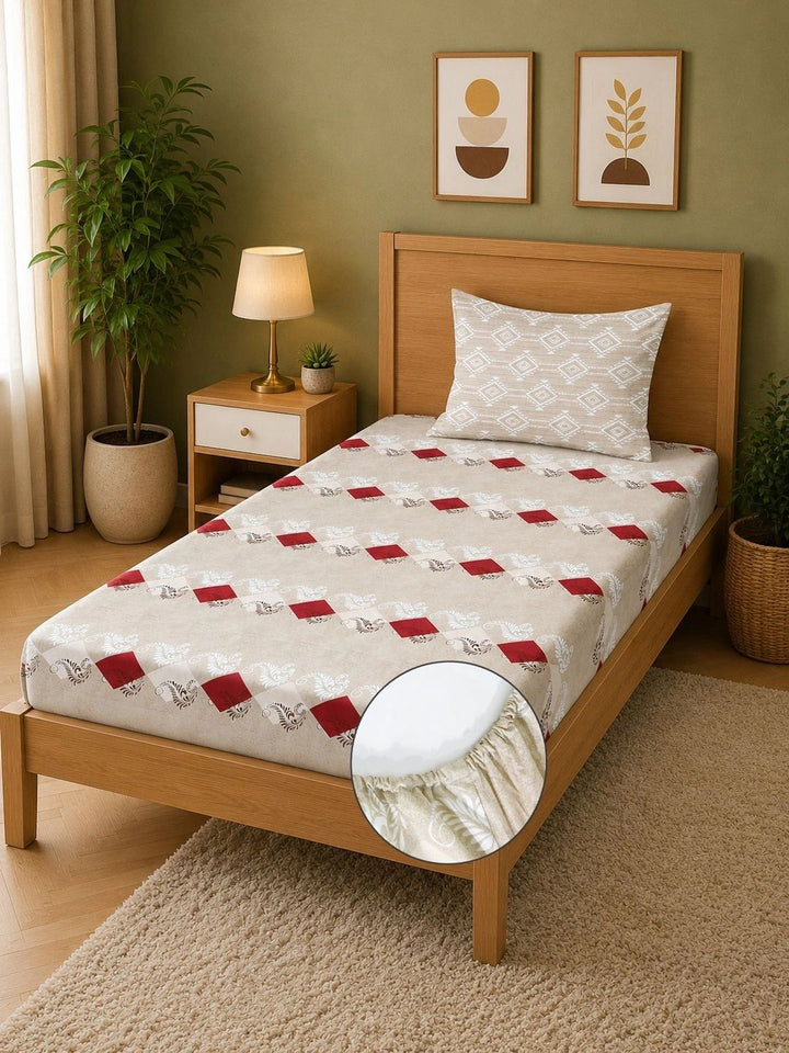 Moda Rapido X KLOTTHE Beige & Red Geometric 400 TC Single Bedsheet with 1 Pillow Covers