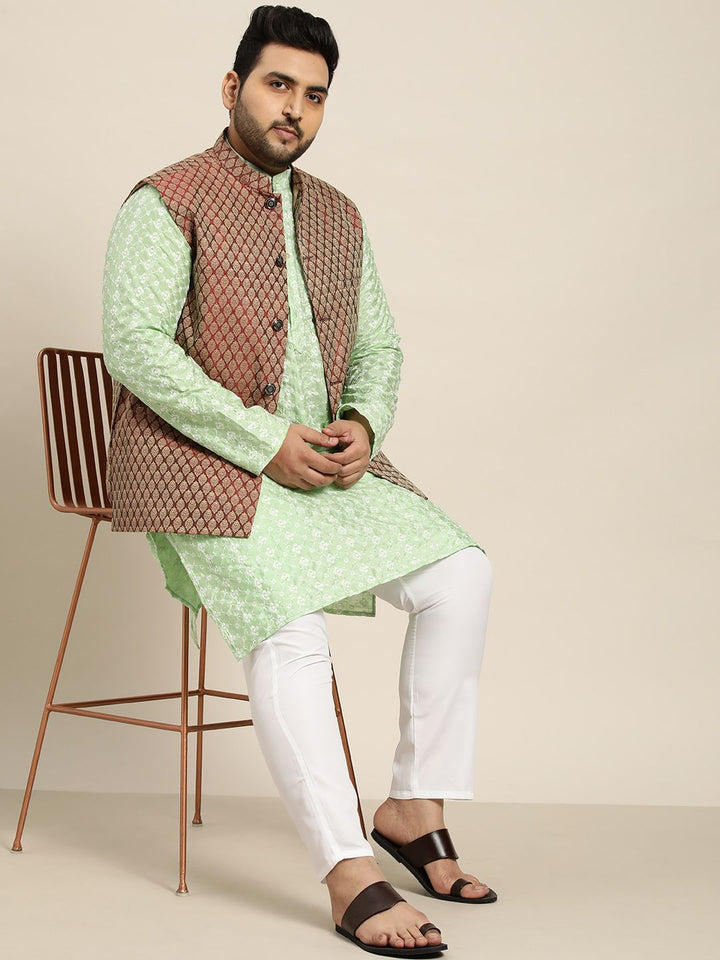 SOJANYA PLUS Men Sea Green Embroidered Kurta with Churidar Comes with a Nehru Jacket
