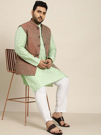 SOJANYA PLUS Men Sea Green Embroidered Kurta with Churidar Comes with a Nehru Jacket