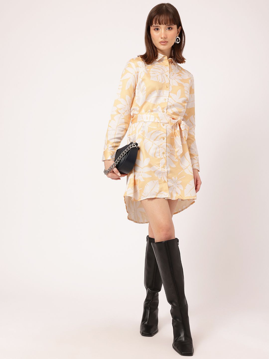 DressBerry Charming Lush Tropical Printed Belted Shirt Style Dress