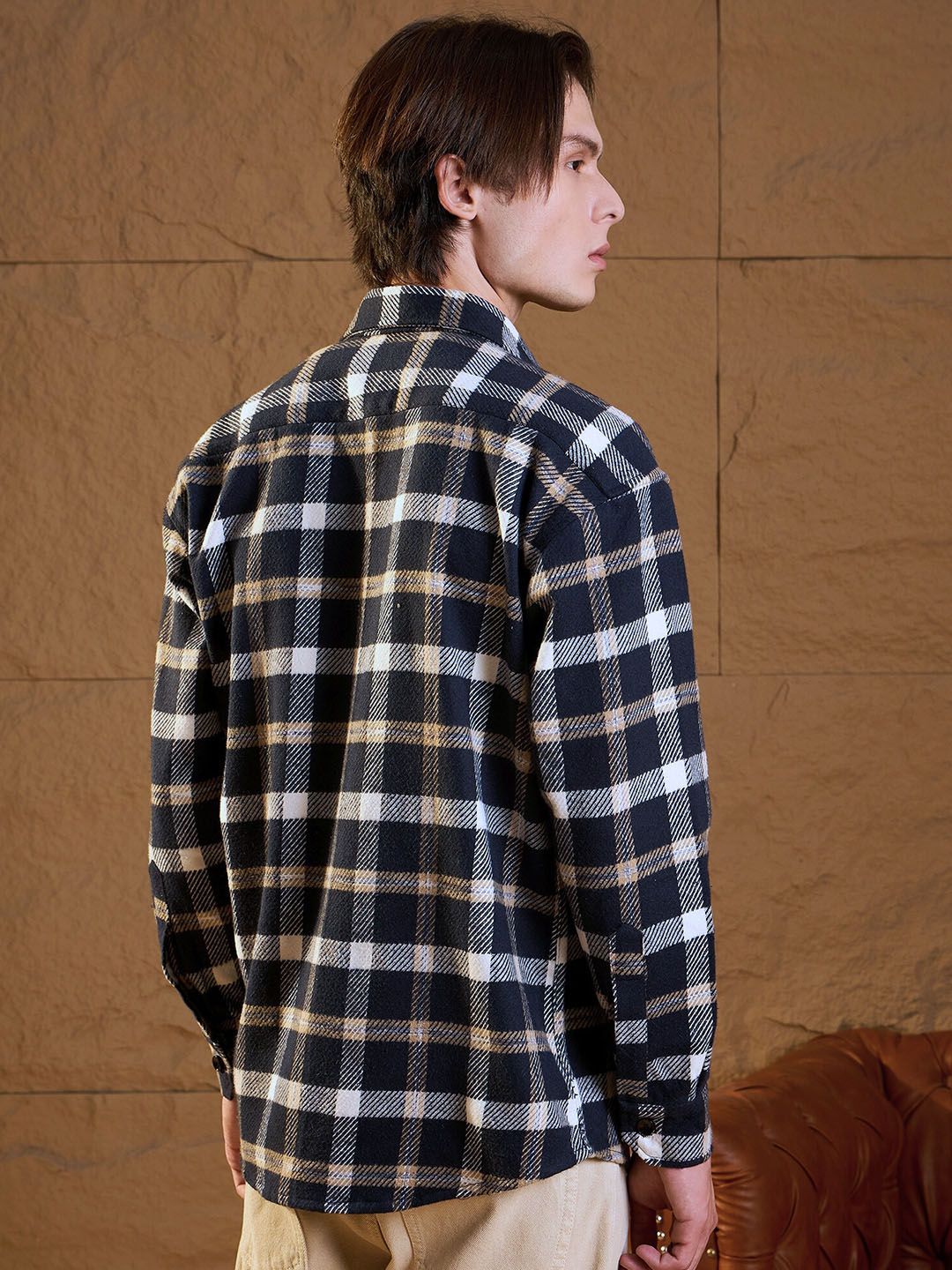 DENNISON Men Double Pocket Drop Shoulder Oversized Cotton Checked Shacket