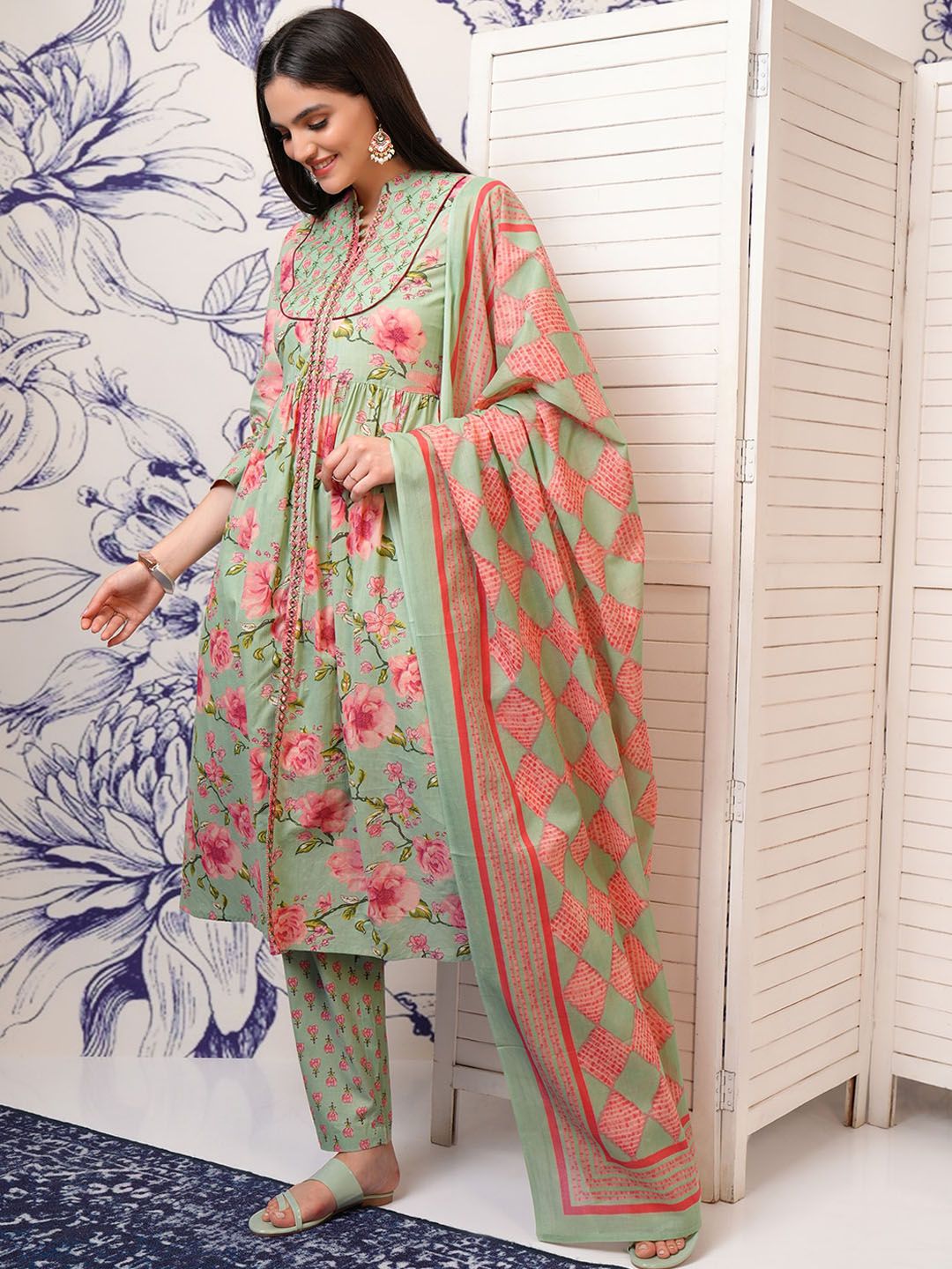 Vishudh Green Floral Printed Mirror Work Pure Cotton Kurta With Trousers & Dupatta