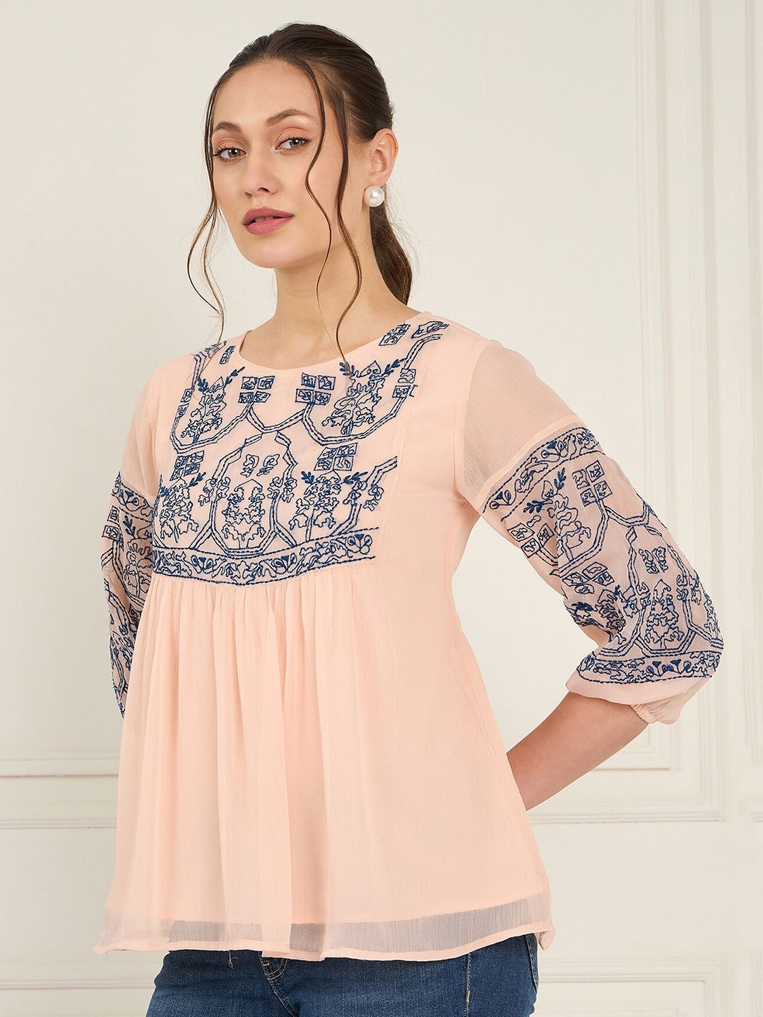 Antheaa Geometric Embroidered Puff Sleeve Chiffon A-Line Top
