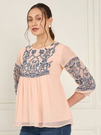 Antheaa Geometric Embroidered Puff Sleeve Chiffon A-Line Top