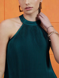 STREET 9 Green High Neck Accordion Pleats A-Line Top