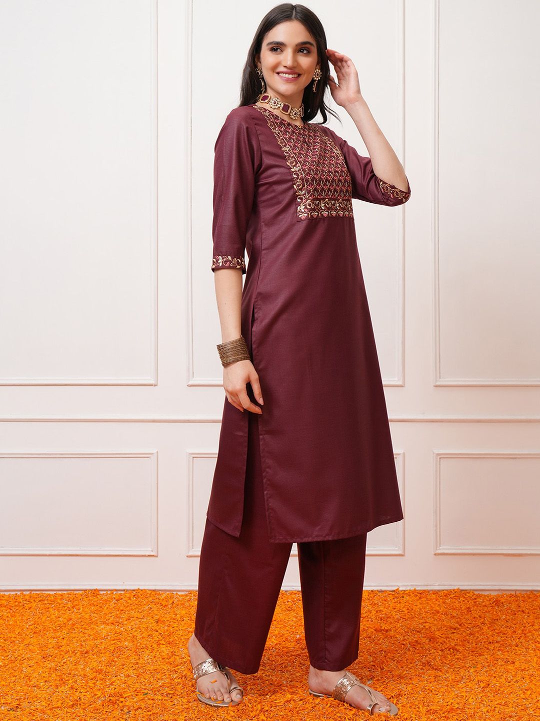 Vishudh Burgundy Ethnic Motifs Yoke Design Thread Work Kurta with Palazzo & Dupatta