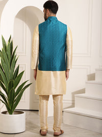 SOJANYA Men Golden & Teal Green Kurta with Churidar And Nehru Jacket