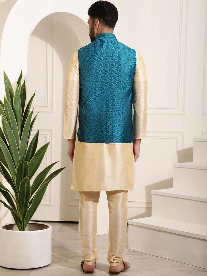 SOJANYA Men Golden & Teal Green Kurta with Churidar And Nehru Jacket